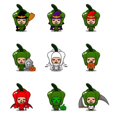 Vektör çizgi film karakteri Sebze Yeşil Biber Maskot Cadılar Bayramı Kostümleri Seti