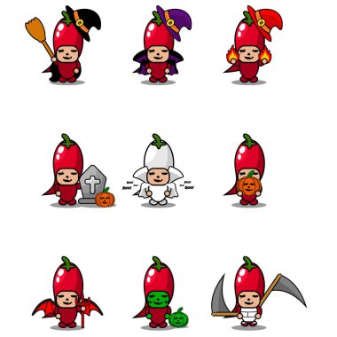 Vektör çizgi film karakteri Sebze kırmızı biber maskot Cadılar Bayramı kostümü takımı