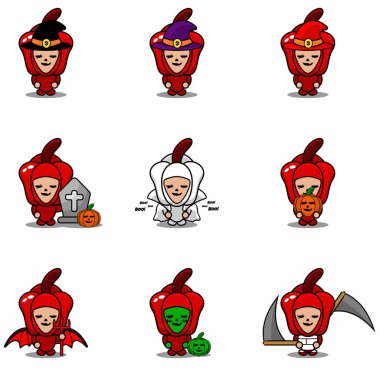 Vektör çizgi film karakteri Sebze Kırmızı Biber Maskot Cadılar Bayramı Kostümleri Seti