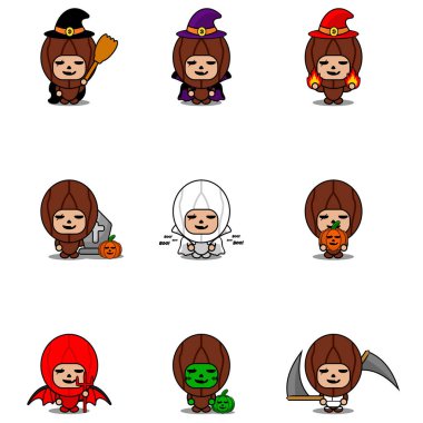 Vektör çizgi film karakteri Baharat Hindistan cevizi Maskot Cadılar Bayramı Paketi