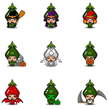 Vektör çizgi film karakteri Sebze Bezelye Maskesi Cadılar Bayramı Kostümleri Seti