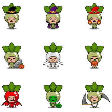 Vektör çizgi film karakteri Sebze Kohlrabi Maskot Cadılar Bayramı Paketi