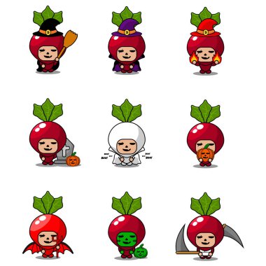 Vektör çizgi film karakteri Sebze Turp Maskotu Cadılar Bayramı Paketi