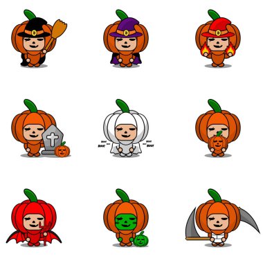 Vektör çizgi film karakteri Sebze Kabağı Maskot Cadılar Bayramı Paketi
