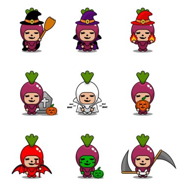 Vektör çizgi film karakteri Sebze Tatlı Patates Maskot Cadılar Bayramı Paketi