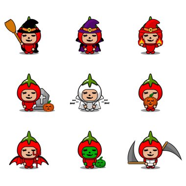 Vektör çizgi film karakteri Sebze Domates Maskotu Cadılar Bayramı Paketi