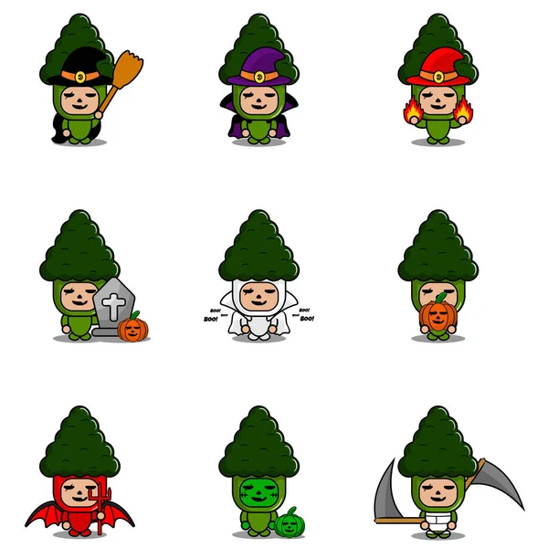 Vektör çizgi film karakteri Sebze Brokoli Maskot Cadılar Bayramı Paketi Seti
