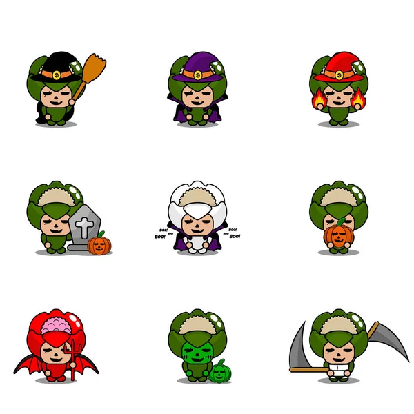 Vektör çizgi film karakteri Sebze Karnabahar Maskot Cadılar Bayramı Paketi