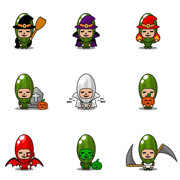 Vektör çizgi film karakteri Sebzeler Salatalık Maskotu Cadılar Bayramı Kostümleri Seti