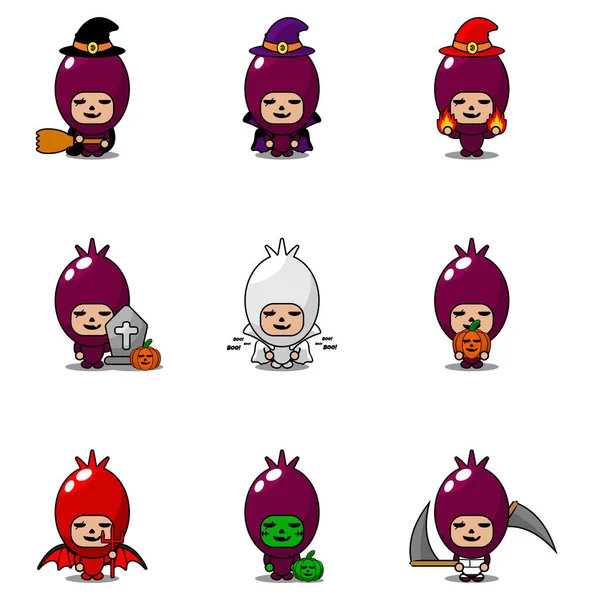 Vektör çizgi film karakteri Sebze arpacık soğanı Maskot Cadılar Bayramı Paketi Seti