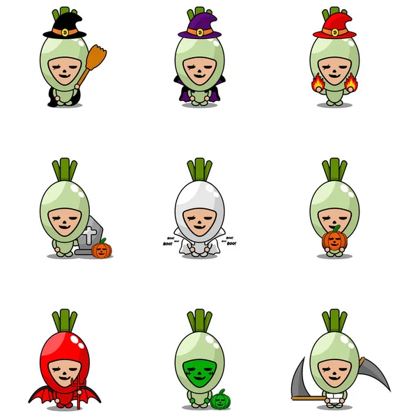 Vektör çizgi film karakteri Sebze Taze soğan Maskot Cadılar Bayramı Kostümleri Seti
