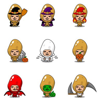 Vektör çizgi film karakteri Sebze Patates Maskot Cadılar Bayramı Paketi
