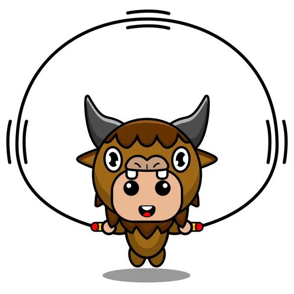 Jumping Rope Bison Animal Mascot Character Vector Illustration — Stock Vector