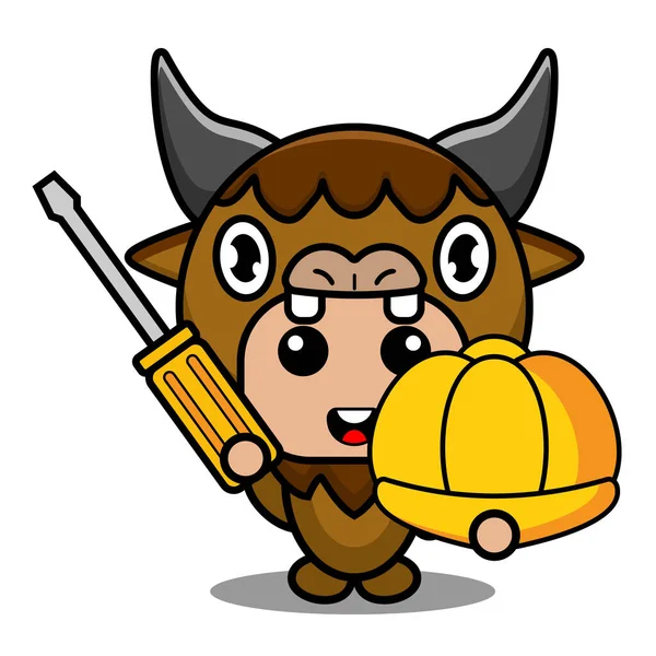 Vector Cartoon Character Cute Bison Animal Mascot Costume Holding Screwdriver — Stock Vector
