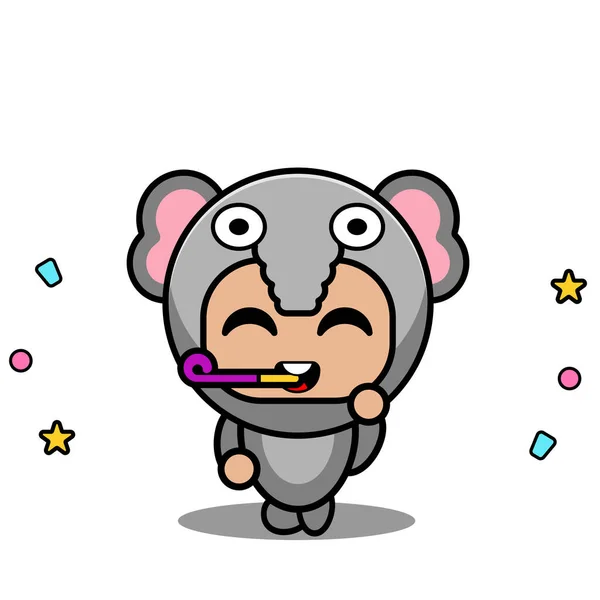 ベクトル漫画キャラクターかわいい象の動物のマスコットの衣装誕生日笛 — ストックベクタ