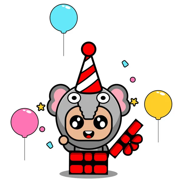 ベクトル漫画キャラクターかわいい象動物マスコットの誕生日プレゼント — ストックベクタ