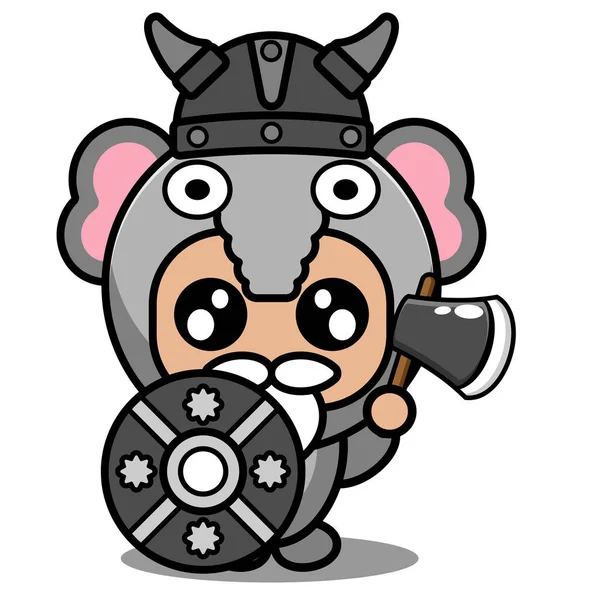 Vector Personagem Desenho Animado Mascote Traje Animal Bonito Elefante Viking — Vetor de Stock