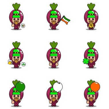 Vektör çizgi film karakteri maskot kostümü tatlı patates sebze seti St. Patrick Günü paketi