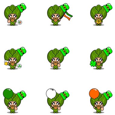 Vektör çizgi film karakteri maskotu kostümü lahana sebze seti St. Patrick Günü demeti