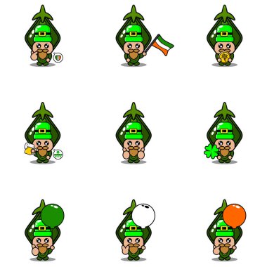 Vektör çizgi film karakteri maskot kostümü bezelye seti St. Patrick Günü demeti.