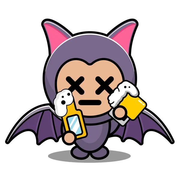 Vektor Cartoon Figur Niedlich Fledermaus Tier Maskottchen Kostüm Hält Bier — Stockvektor