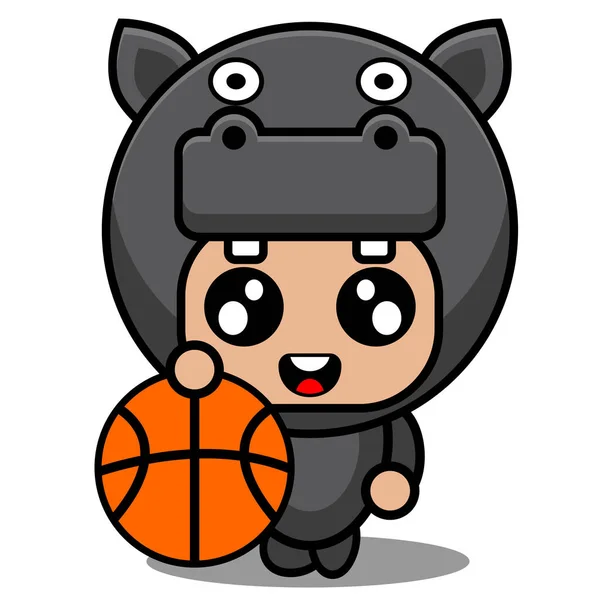 Mignon Hippopotame Amphibie Mascotte Personnage Personnage Dessin Animé Jouer Basket — Image vectorielle