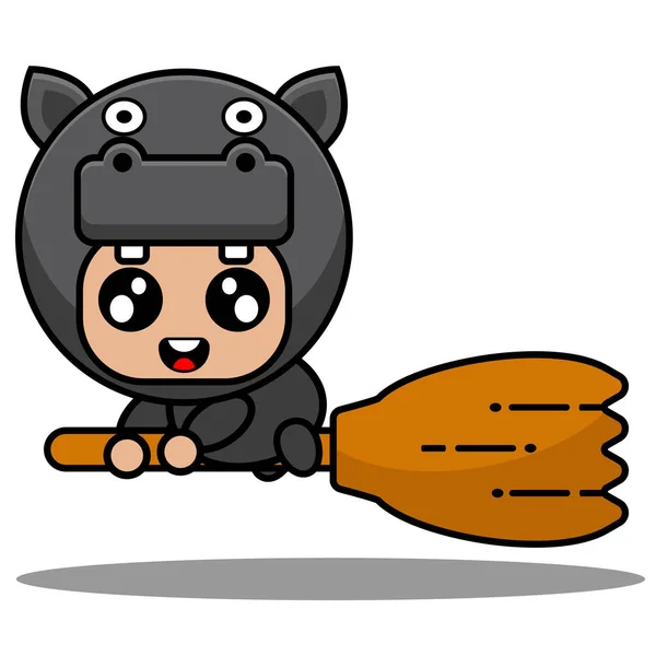 Mignon Hippopotame Amphibie Mascotte Costume Personnage Dessin Animé Personnage Balai — Image vectorielle