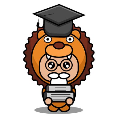 Mezuniyet şirin aslan hayvan maskotu karakter çizimi bir kitap tutuyor.