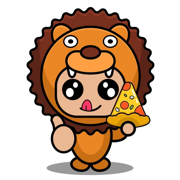 Ilustração Vetorial Bonitinho Leão Mascote Animal Personagem Traje Comer Pizza — Vetor de Stock