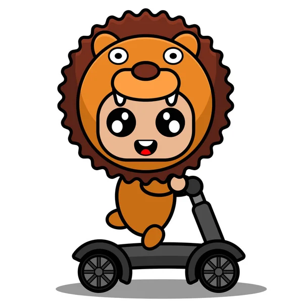 スクーターに乗ってかわいいライオンの動物のマスコットの漫画のキャラクターのベクトルイラスト — ストックベクタ