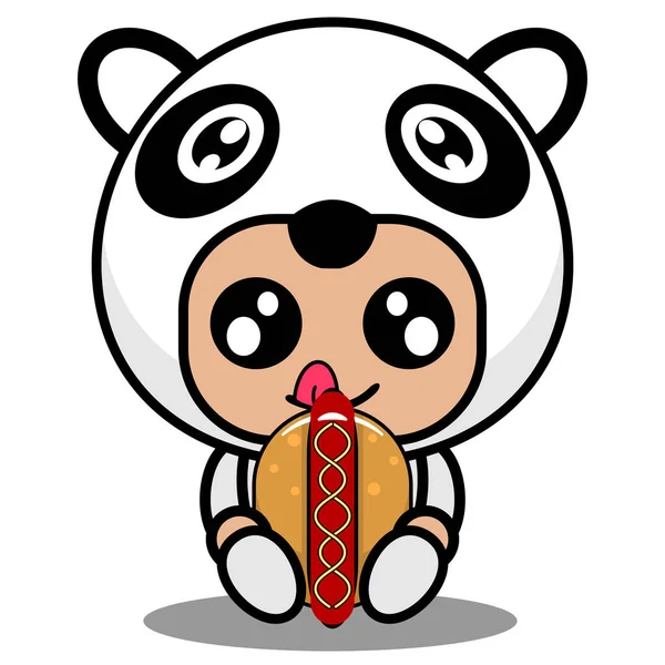 漫画のキャラクターのベクトルイラストかわいいパンダ動物マスコットの衣装ホットドッグを食べる — ストックベクタ