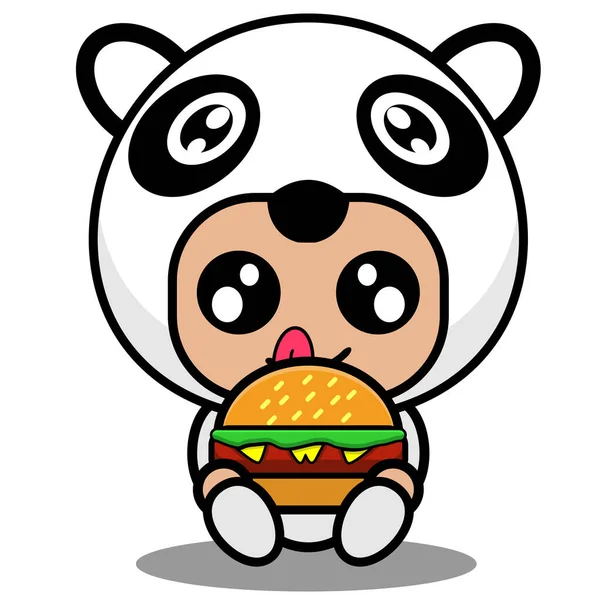 可愛いパンダの漫画キャラクター動物のマスコットの衣装バーガーを食べる — ストックベクタ