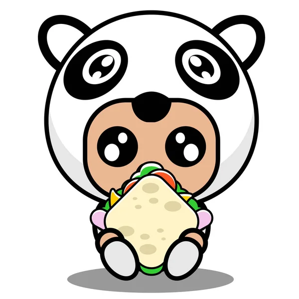 かわいいパンダ動物のマスコットのキャラクターがサンドイッチを食べるベクトルイラスト — ストックベクタ