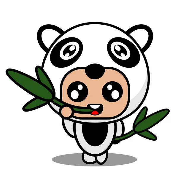 漫画のキャラクターのベクトルイラストかわいいパンダ動物のマスコットの衣装竹の葉をかむ — ストックベクタ