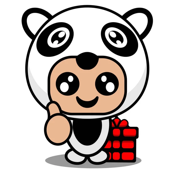 かわいいパンダの動物のマスコットの衣装のキャラクターの漫画のベクトルイラストは贈り物を保持 — ストックベクタ