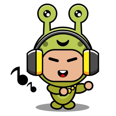 çizgi film karakteri illüstrasyon sevimli salyangoz hayvan maskotu kostüm müzik dinleme