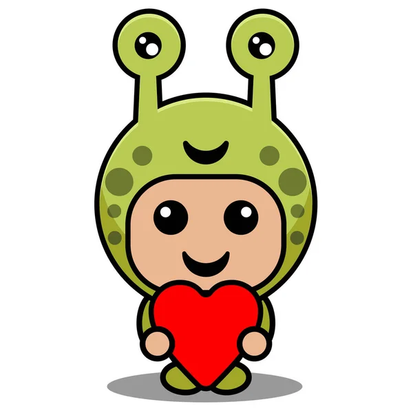 愛を持つかわいいカタツムリの動物のマスコットの衣装キャラクターの漫画のベクトルイラスト — ストックベクタ