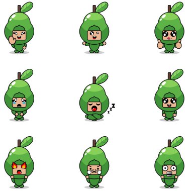 Avokado meyve demetinin çizgi film karakteri maskotu kostüm setinin vektör çizimi