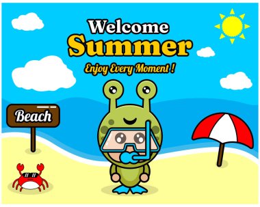 Yaz kumsalı ve kumsal arkaplan tasarımı metinli her anın ve yaz elementlerinin tadını çıkarın plaj, yengeç ve şemsiye yazan, salyangoz hayvan maskotu kostümlü, Senorkel giyimli