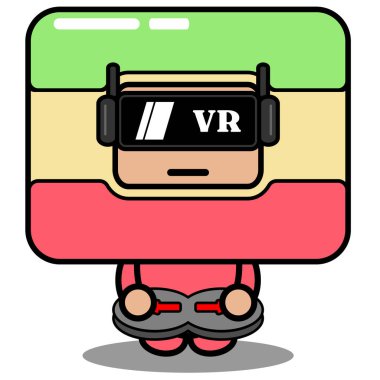 Vektör çizgi film karakteri maskotu kostümlü tatlı katlı pasta sanal gerçeklik oyunu oynuyor