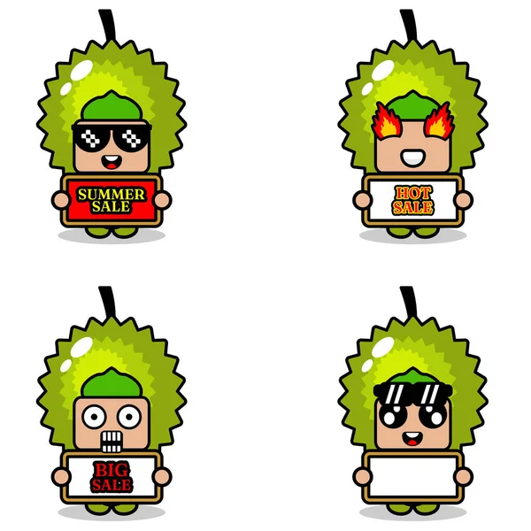 Cute Cartoon Character Vector Durian Fruit Mascot Costume Set Summer — Stockvector