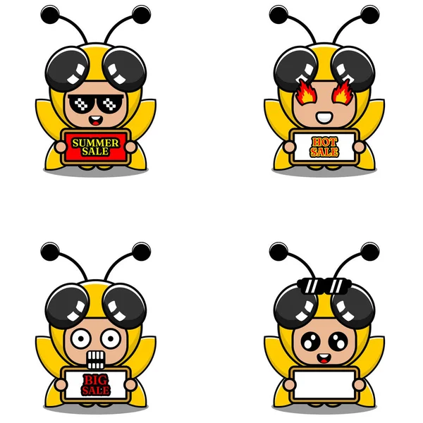 Vector Cute Cartoon Character Bee Animal Mascot Costume Set Summer — 图库矢量图片