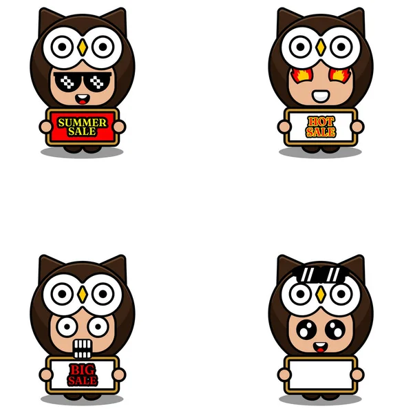 Vector Cute Cartoon Character Owl Animal Mascot Costume Set Summer — 图库矢量图片