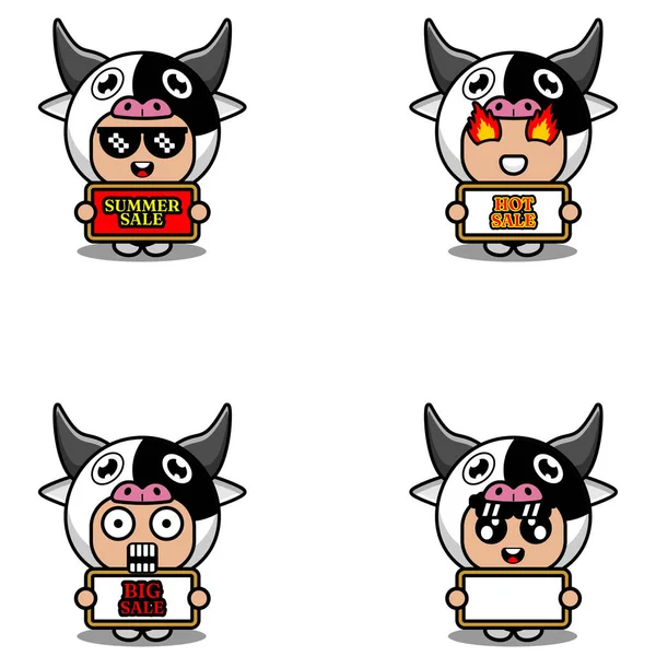 Vector Cute Cartoon Character Cow Animal Mascot Costume Set Summer — Stockvector