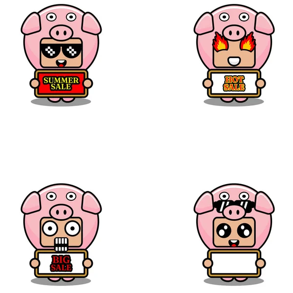 Vector Cute Cartoon Character Pigs Animal Mascot Costume Set Summer — Stockový vektor