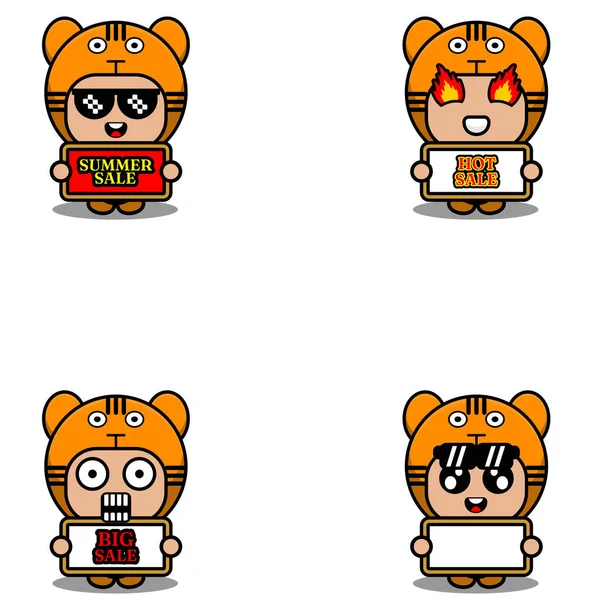 Vector Cute Cartoon Character Tiger Animal Mascot Costume Set Summer — 图库矢量图片