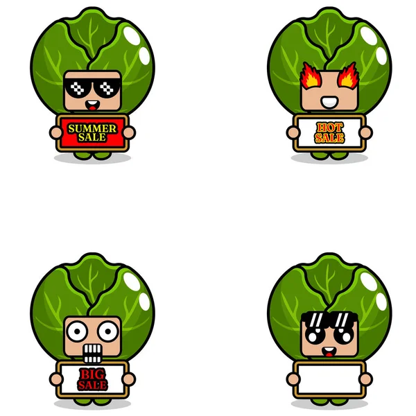 Cute Cartoon Character Vector Cabbage Vegetable Mascot Costume Set Summer — Wektor stockowy