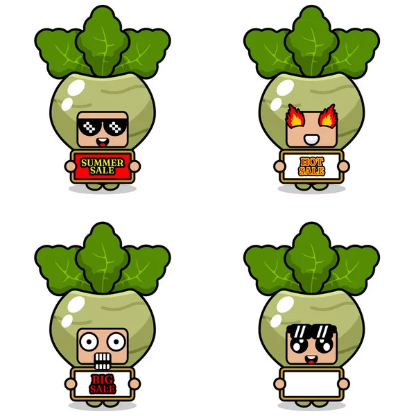 Cute Cartoon Character Vector Kohlrabi Vegetable Mascot Costume Set Summer — Stock vektor