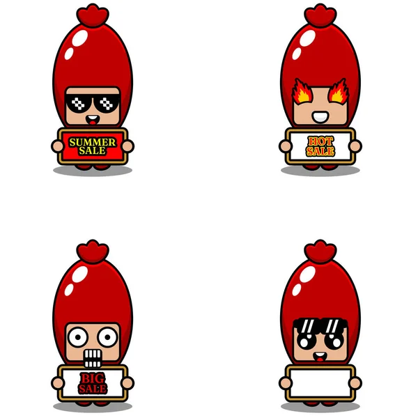 Vector Cute Cartoon Character Mascot Costume Sausage Food Set Summer — 图库矢量图片