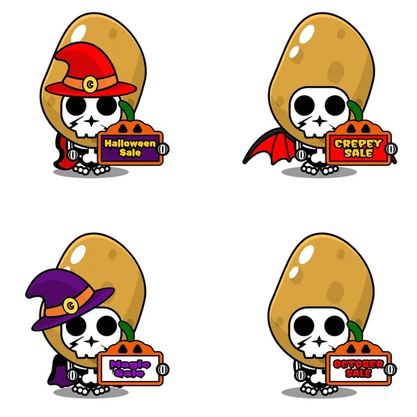 Halloween Pumpkin Party Design Sale Board Vegetable Skull Costume Vector — Stock Vector